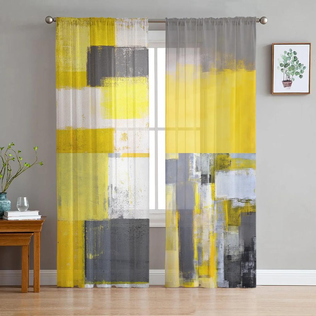 Oil Painting Style Abstract Geometric Yellow Drapes Bedroom Window Curtain Living Room Sheer Curtains Curtain Panels