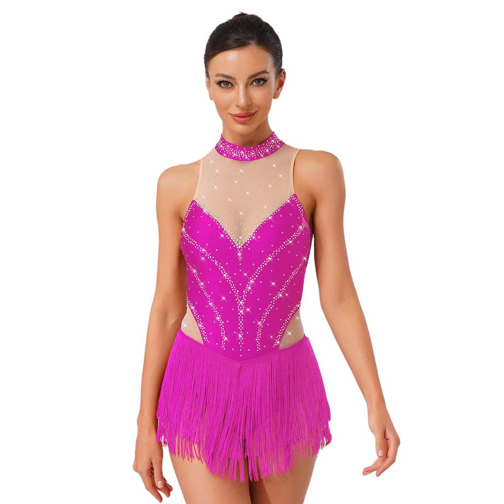 Pailletten Fransen Body für Damen Neckholder Jazz Latin Tanz Samba Chacha Quaste Leotard Akrobat Kostüm