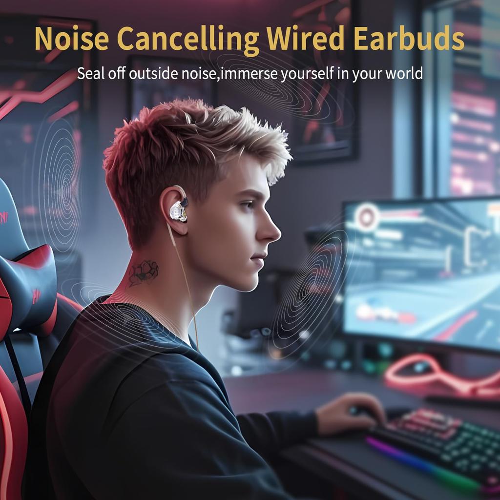 CCZ MC02 Gaming HiFi IEM Clear Crystal Sound Gaming 10mm 1DD Headphones with Patented Earphone Tips Ear Fins for Students No In-Ear Monitors,
