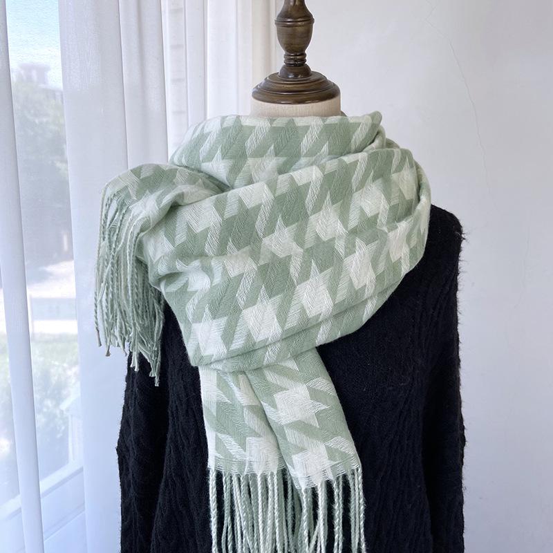 Women's Medium-Length Houndstooth Scarf - Warm, Sweet Style, Imitation Cashmere, Tassel Snood, Thick Shawl
