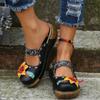 Women's Tribal Style Flower Platform Mules, Floral Print Wedge Heeled Clogs, Closed Toe Shoes