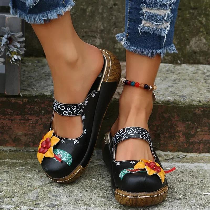 Women's Tribal Style Flower Platform Mules, Floral Print Wedge Heeled Clogs, Closed Toe Shoes