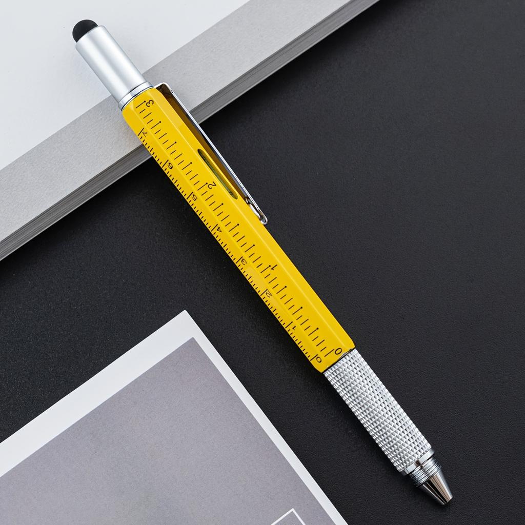 6-in-1 Heavy-Duty Multitool Pen - Water-Resistant, Retractable, Metal Construction With Medium Point, Ballpoint Pen, Ruler, Stylus, Level, Screwdriver