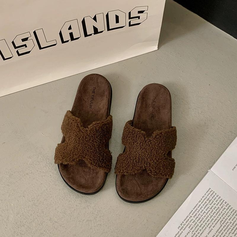 

Тапочки из шерсти на толстой подошве для женщин, для ношения осенью и зимой, новые, из цельной овечьей шерсти, теплые тапочки-шлепанцы. 40 темно-коричневого