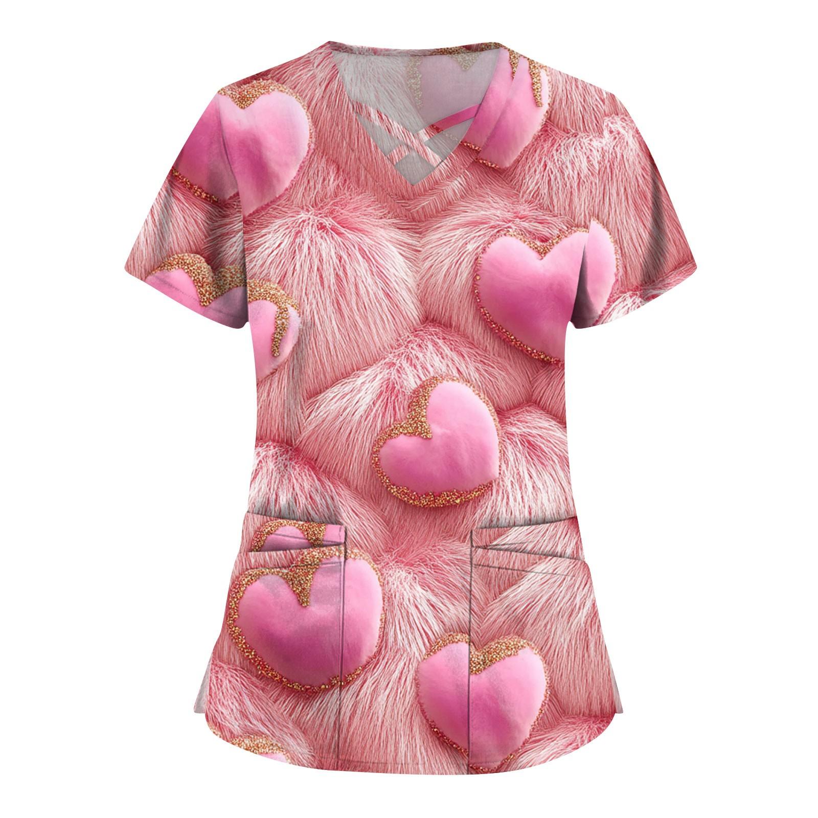 

Женская мода V-образный вырез ко Дню святого Валентина с принтом, короткими рукавами, маленькими карманами, рабочая одежда, топы XXL красный