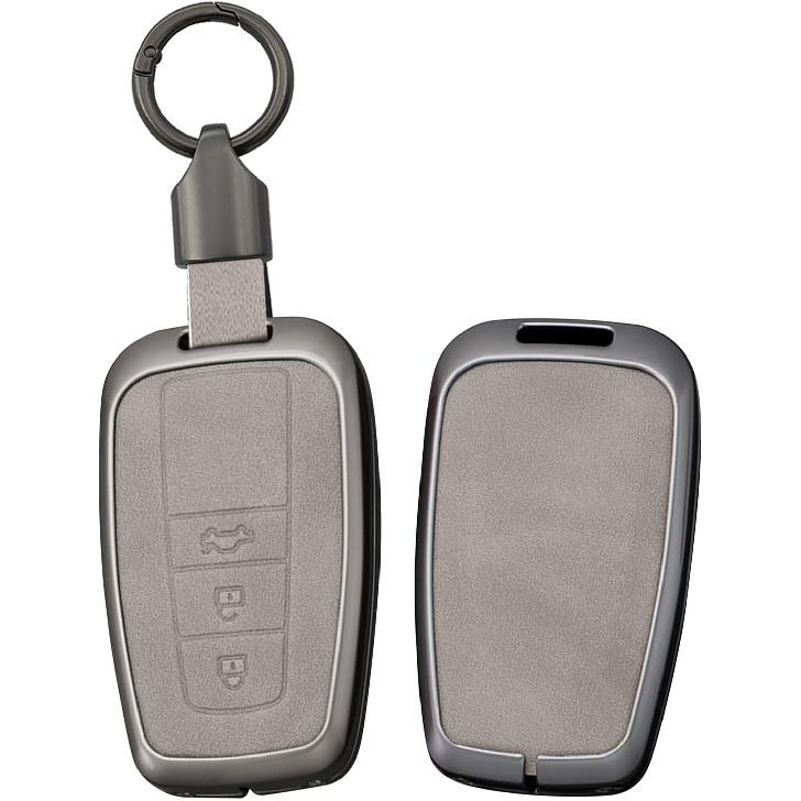 SANRILY Metal Leather 3 Button Key Fob Cover Case Fit for Toyota C-HR Prius Corolla Highlander Camry RAV4 Avalon Keyless Key Holder with Short