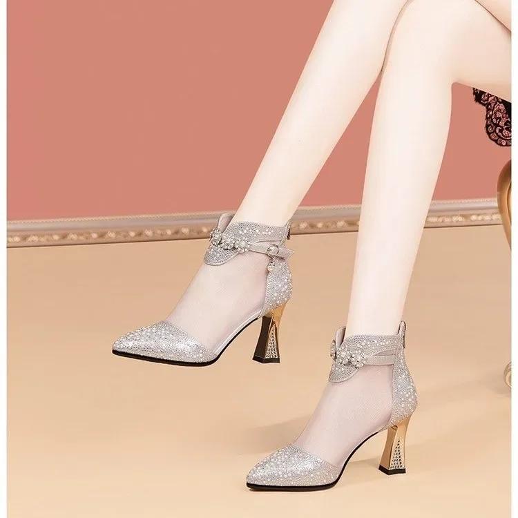 Summer Women Fashion Pointed Mesh Breathable Rhinestone High Heel Korean Style Comfortable Cool Boots for Women Sandals