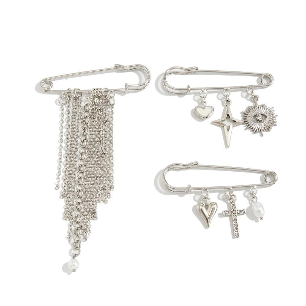 

3Pcs/Set New Silver Color Metal Stars Tassel Brooches Heart Evil Eye Chain Brooch Cross Lapel Pins Jewelry Accessories