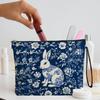Vintage Blue Floral Rabbit Print Makeup Storage Bag for Women's Fashionable Lipsticks Makeup Bag Portable Makeup Pouch