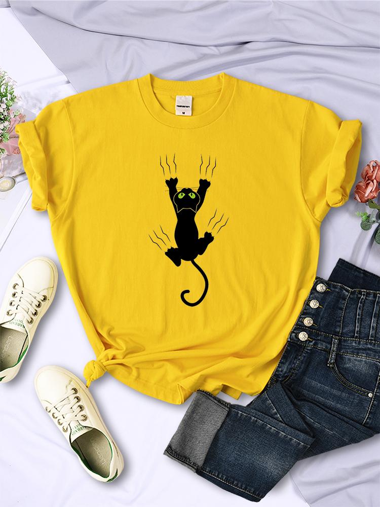Naughty Black Cat Printed Women Tee Clothing Casual Breathable Short Sleeve Vintage Summer O-Neck Tops Fashion Womans T-Shirts