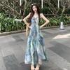 Seaside Vacation Xiaofei Sleeve Suspender Dress Female Summer New Oil Painting Smudge Waist Fairy Long Dress