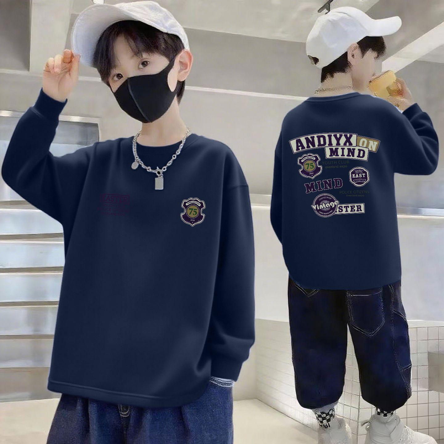 

Boys Pure Cotton Long-Sleeve T-Shirt - Casual Loose Fit, Round Neck, Spring/Autumn Style 160cm (80-100 jin) Темно-синій