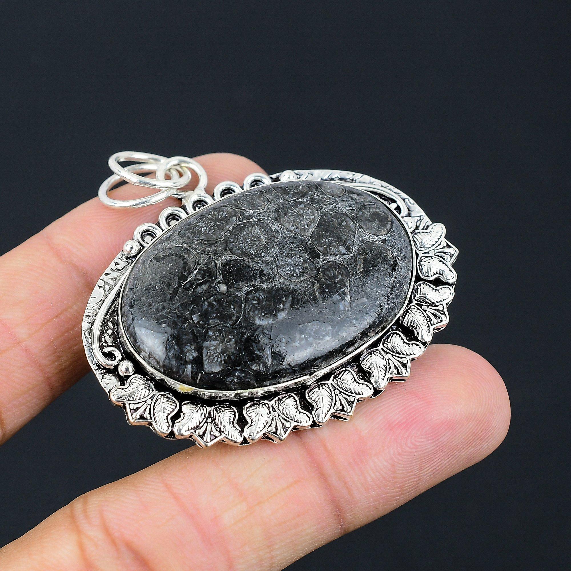 925 Sterling Silver Oval Root Chakra Black Fossil Coral Gemstone Mother Pendant