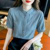 Women Mandarin Collar Short Puff Sleeve Button Front Linen Casual Blouse