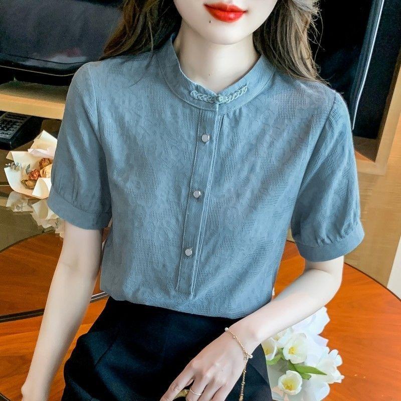 Women Mandarin Collar Short Puff Sleeve Button Front Linen Casual Blouse