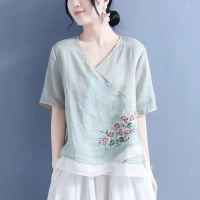 Summer Literary Vintage Embroidery Short Sleeve Shirt Ladies Loose Casual Cotton Linen All-match Pullover Top Women Blouse