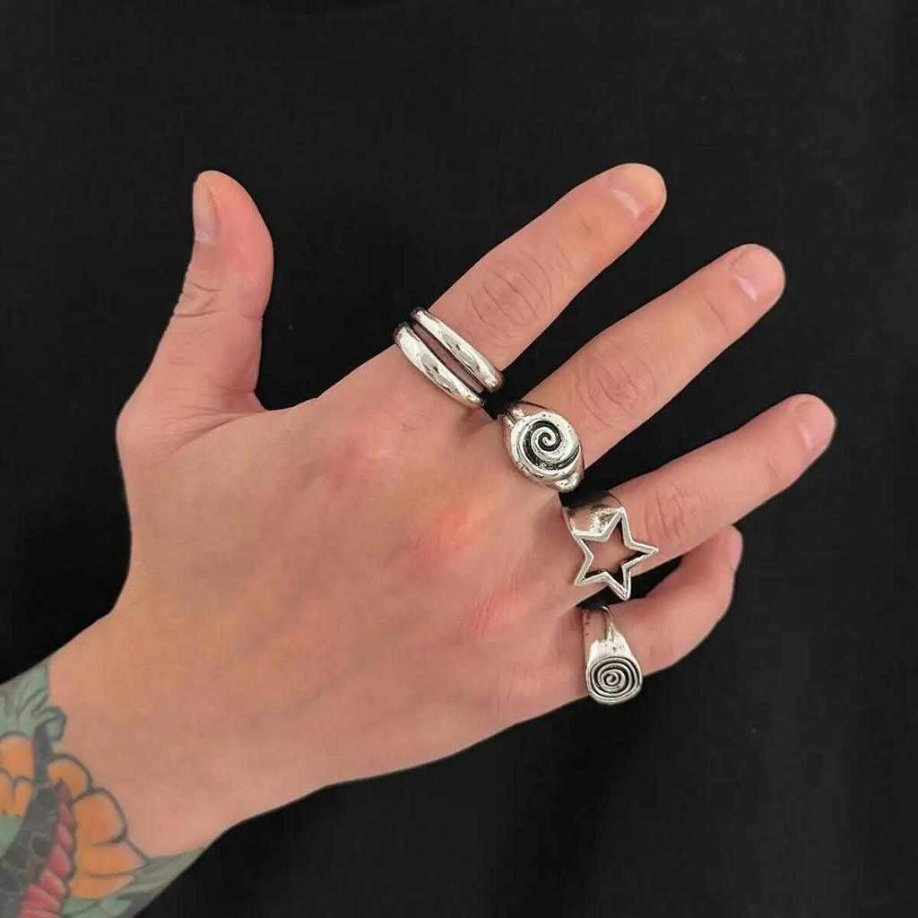 Ingemark 4Pcs/Set Punk Retro Five-Pointed Star Spiral Wide Rings Men Creative Hip-Hop Thick Finger Rings Set Steampunk Jewelry