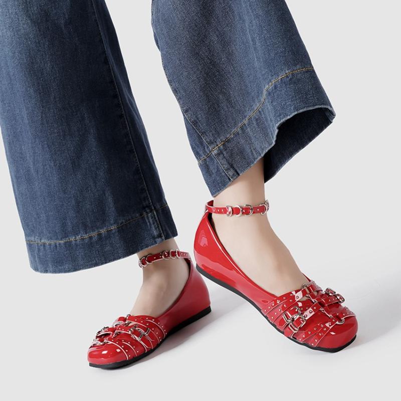 Fashion Fashion Metal Rivets Buckle Mary Jane Flats Women Punk Style Brand Designer Shoe High Quality Patent Leather Ankle Lace Up Flats