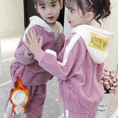 Conjunto de Moletons Casaco de Veludo Cotelê Calças Forrado com Lã Roupas da Moda para Meninas 4 anos Menina Manga Longa Outono Inverno Vestuário Conjuntos para Meninas