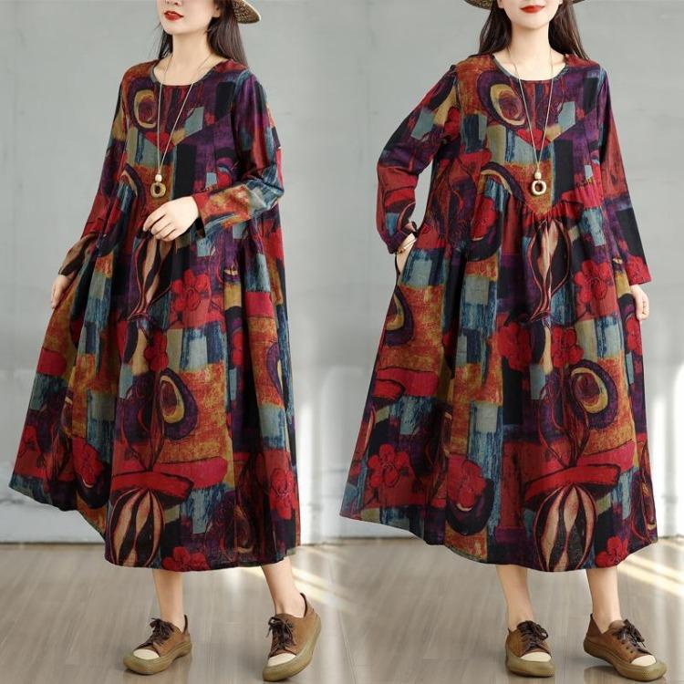 Spring Vintage Floral Print Plus Size Women Long Dress Oversize Loose Basic Casual Long Sleeve Maxi