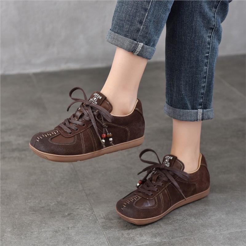 Johnature Flat Lace Up Women's Shoes Genuine Leather Retro Mixed Colors Versatile All Season Shoes