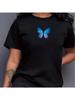 S Casual Butterfly Print T-Shirt - Black Crew Neck, Short Sleeve, All-Season Comfort, Hine Washable, , Butterfly Shirt