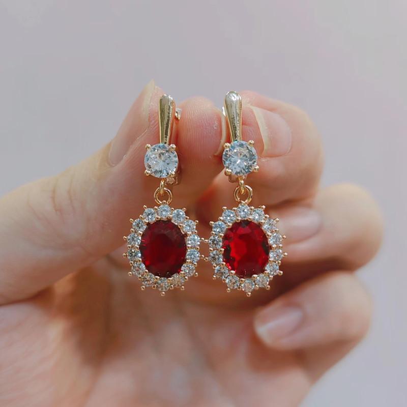 Red Oval Crystal Zircon Drop Earrings for Women 2023 New Gold Color Wedding Engagement Party Jewelry Accessories