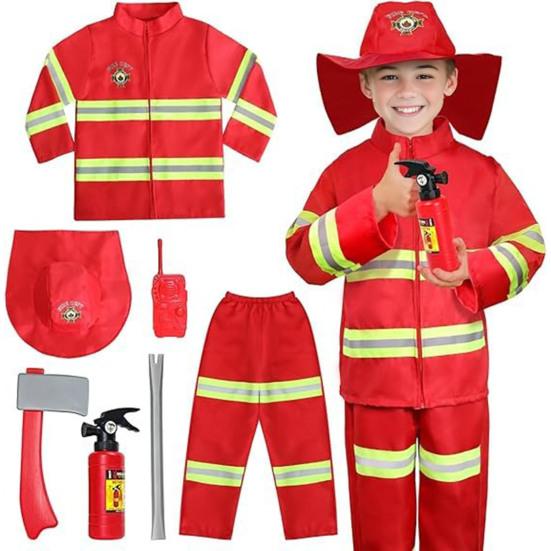 8 Pcs Kids Fireman Costume Set Firefighter Dress-Up Set with Extinguisher Birthday Party Role Play Pretend Gift for Toddler Boys Girls