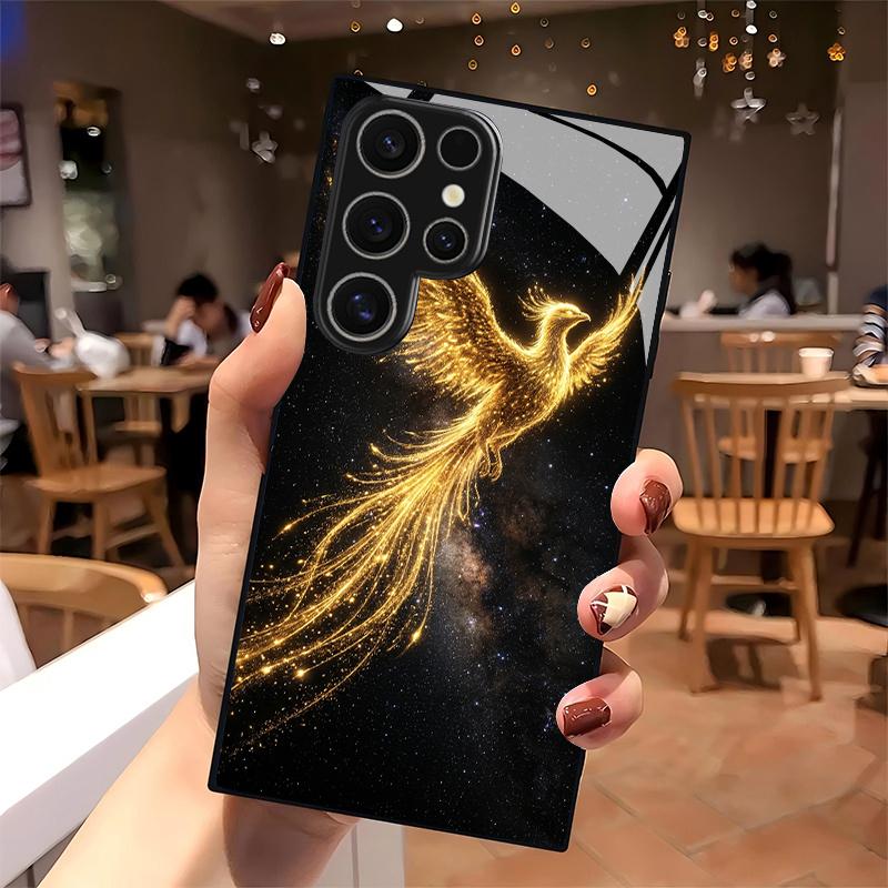 Star Dust Golden Feather Phoenix Pattern 2D Phone Case for Samsung S26 S25 S24 S23 S22 S21 S20 Tempered Glass Protective Cover