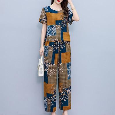 Ensemble pantalon à jambes larges imprimé Vintage, grande taille, décontracté, élégant, ample, pour femmes, 2 pièces, été