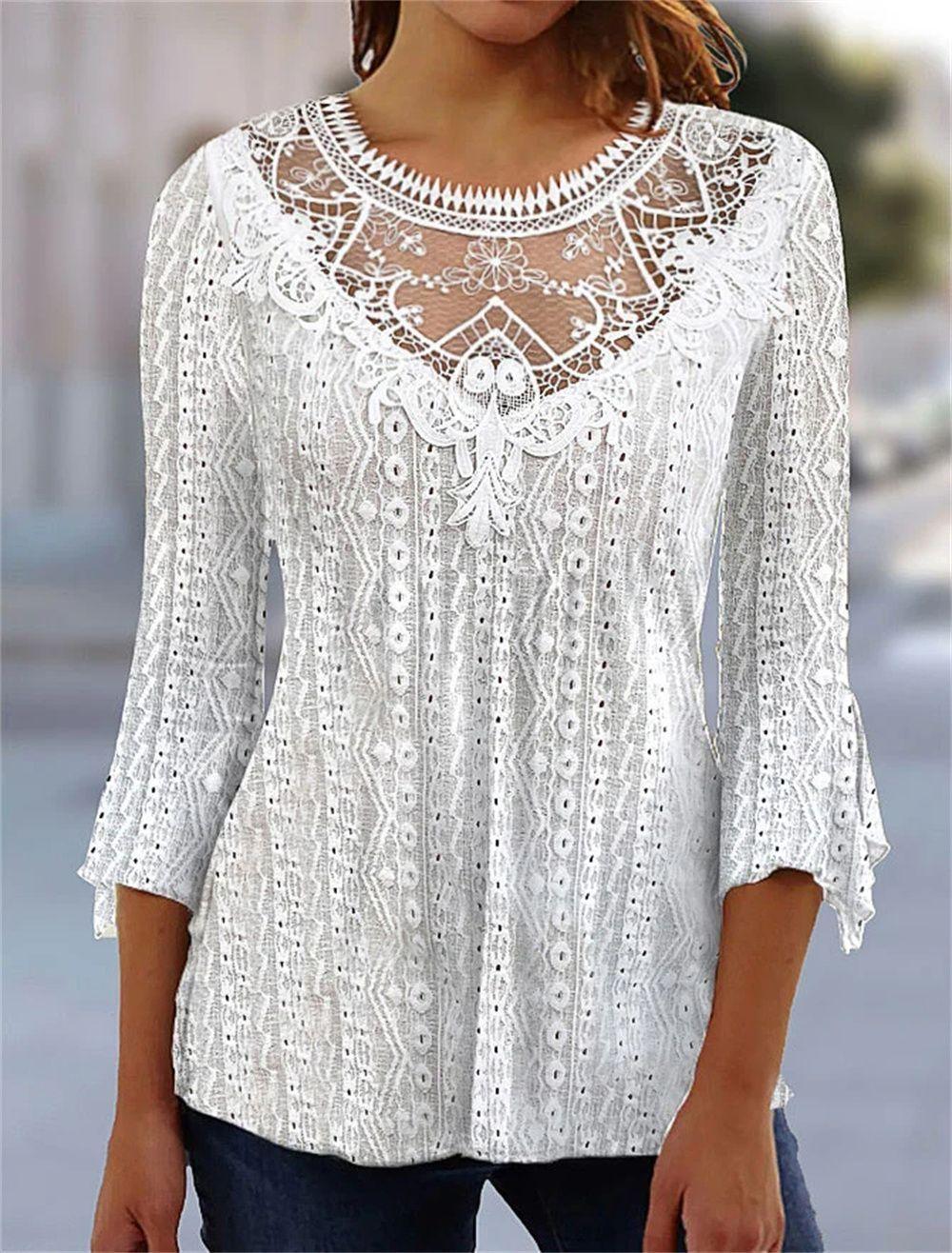 2025 cross-border Europe, America, Amazon summer new comfortable casual hollow perspective lace splicing seven-quarter sleeve top S белый