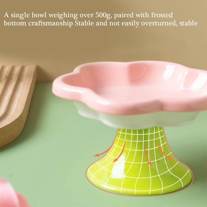 Ceramic Pet Bowl Flower Shape Cats Food Dish Nonslip Elevated Stand Feeding Plate for Neck Protections and Easy Cleaning