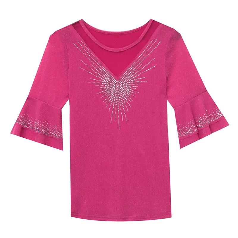 Summer New Women's Flare Sleeve T-shirt O-Neck Luxury Diamonds Tops High Quality Girl Shiny Mesh Tees