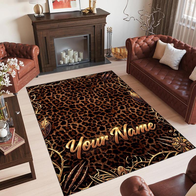 Leopard Theme Crystal Velvet Floor Rug Personalized Custom Name Text Warm Carpet Home Decoration