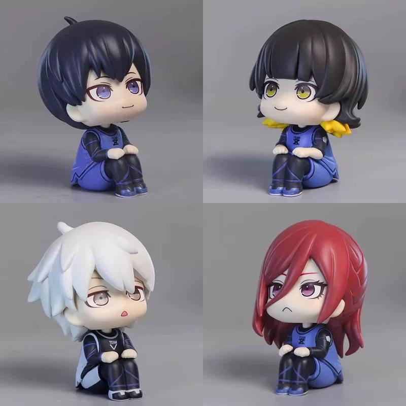 4pcs/Set Blue Lock Cute Seishiro Yoichi Meguru Hyoma Chibi Sitting Figure Soccer Anime Model Toy Desktop Ornament Car Decor Gift