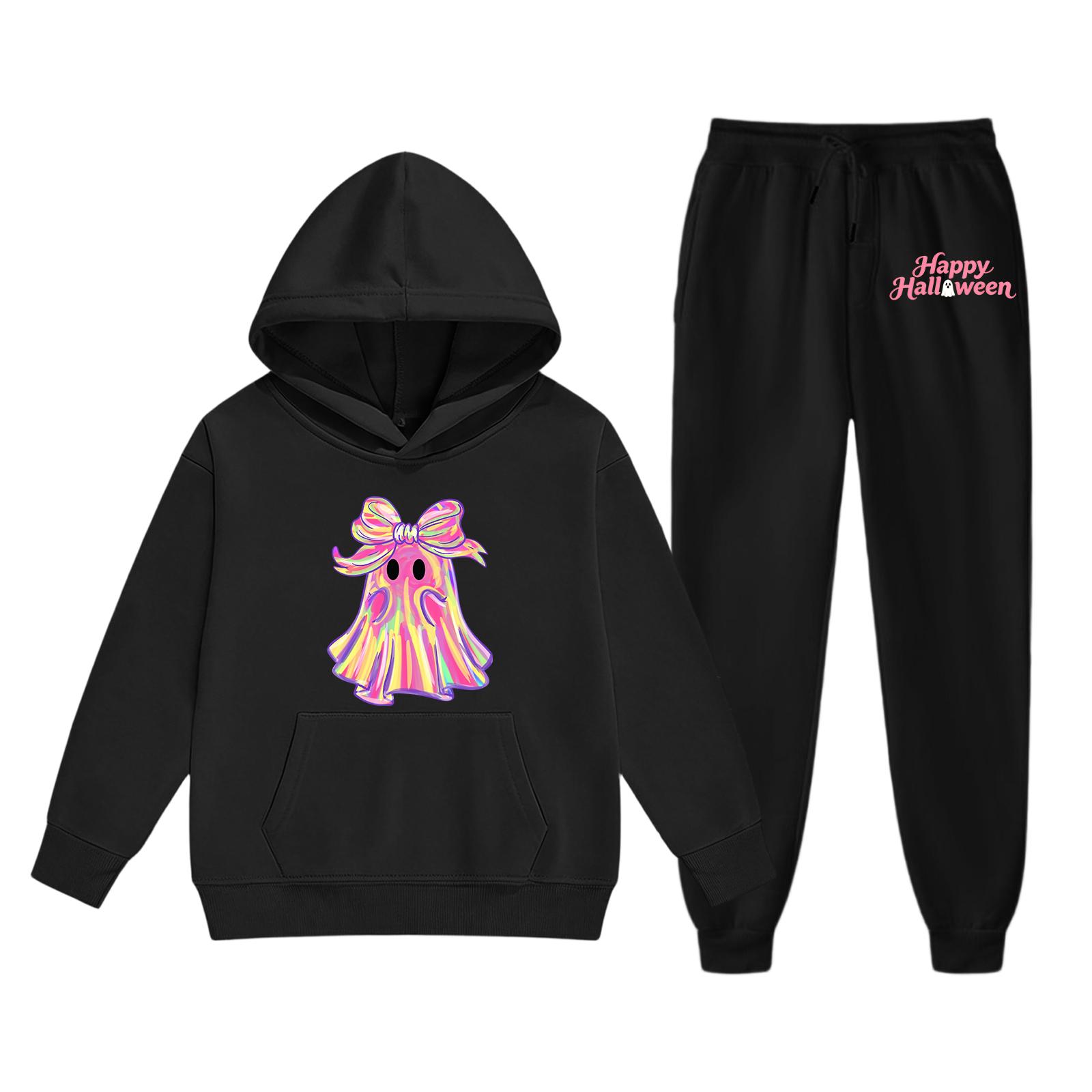 Kids Hooded Sweatshirt and Pants Set Halloween Ghost Print Pullover Long Sleeve Top and Bottom Outfit for Children Casual Wear 130 чёрный