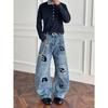 Men's Mid Rise Washed Cat Whisker Barrel Jeans Loose Wide Leg Denim Pants American Vintage High Street Y2K Casual Four Seasons Long Trousers