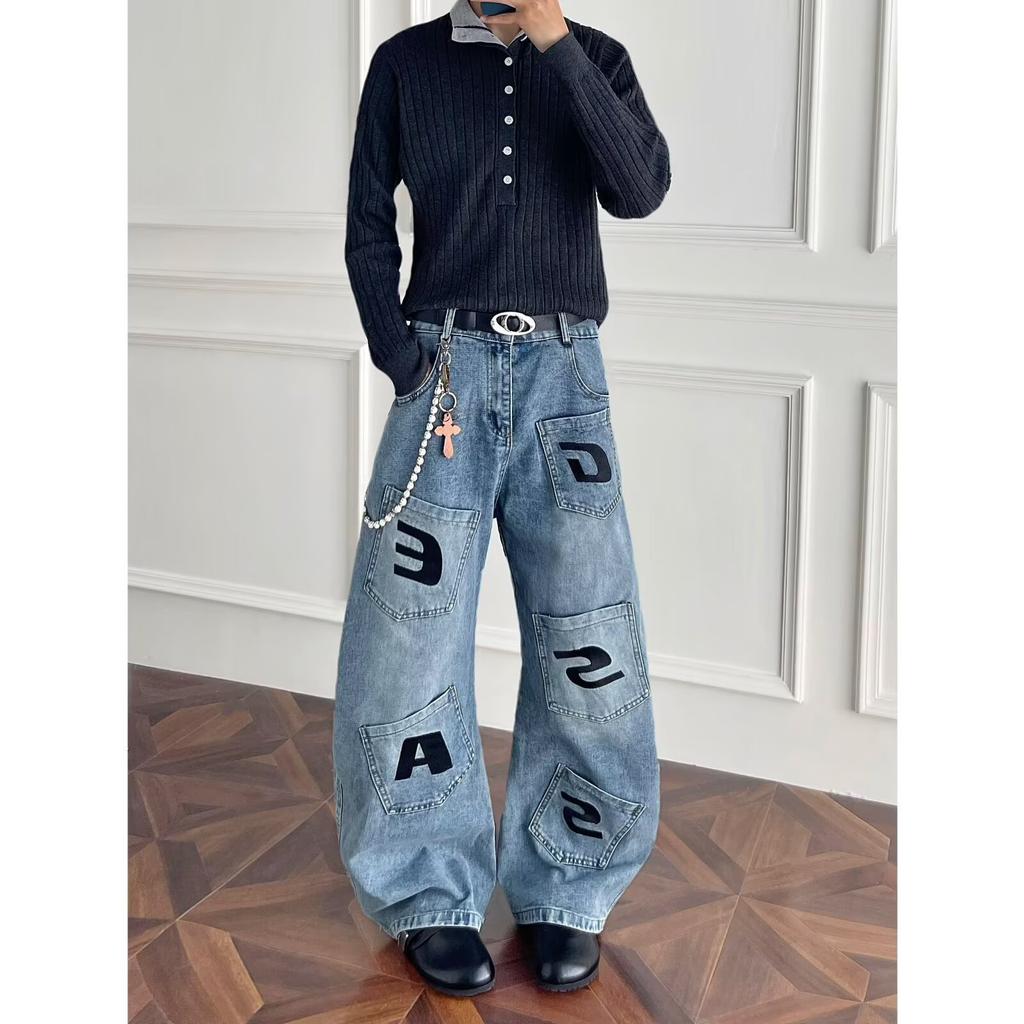 Men's Mid Rise Washed Cat Whisker Barrel Jeans Loose Wide Leg Denim Pants American Vintage High Street Y2K Casual Four Seasons Long Trousers