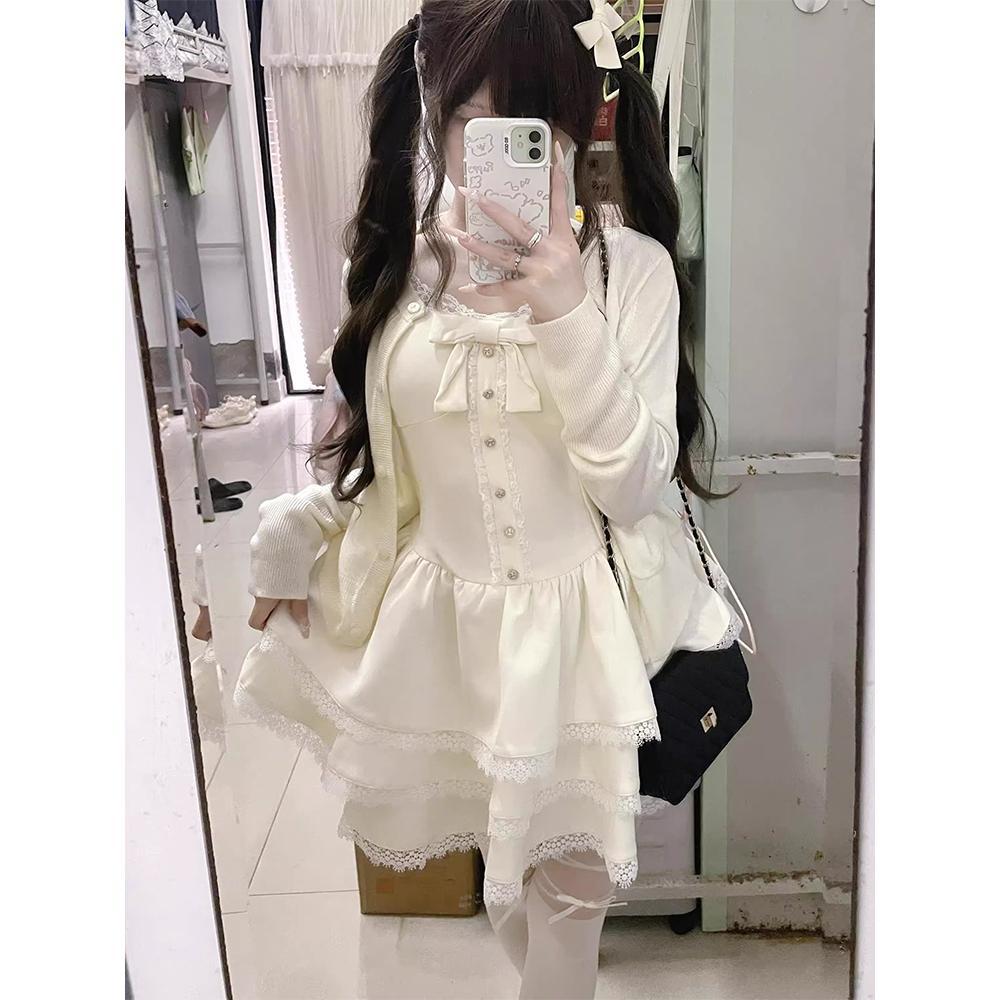 French sweet, beautiful and unique, super good-looking cardigan jacket fluffy cake dress two-piece set, small spring and autumn