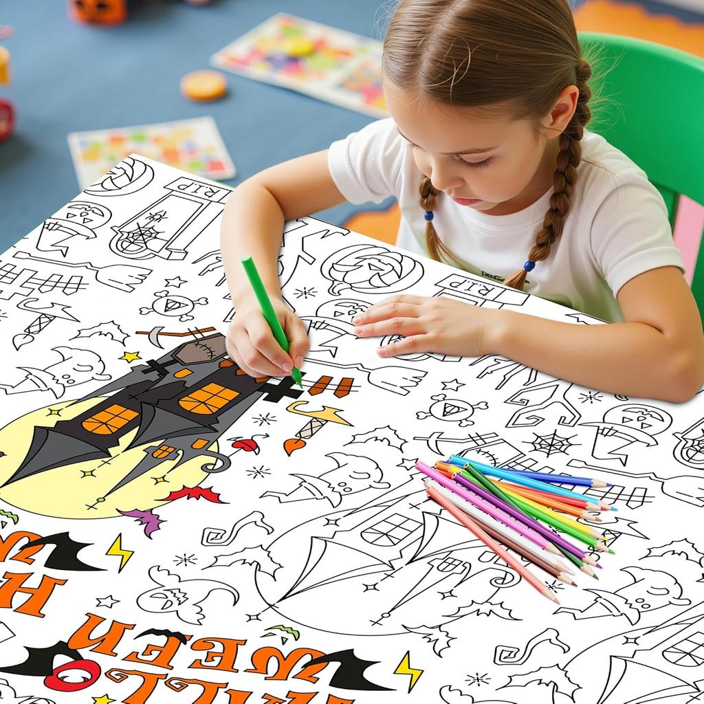 Labeol 1 Pack Halloween Tablecloth, 108"x 54" Halloween Coloring Tablecloth for Kids, Pumpkin Ghost Bat Castle Coloring Table Cover for Winter Party