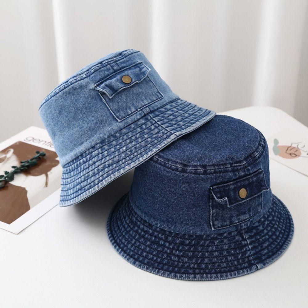 Vintage Pocket Sun Hats Travel Fisherman Cap New Denim Bucket Hat  Men Women