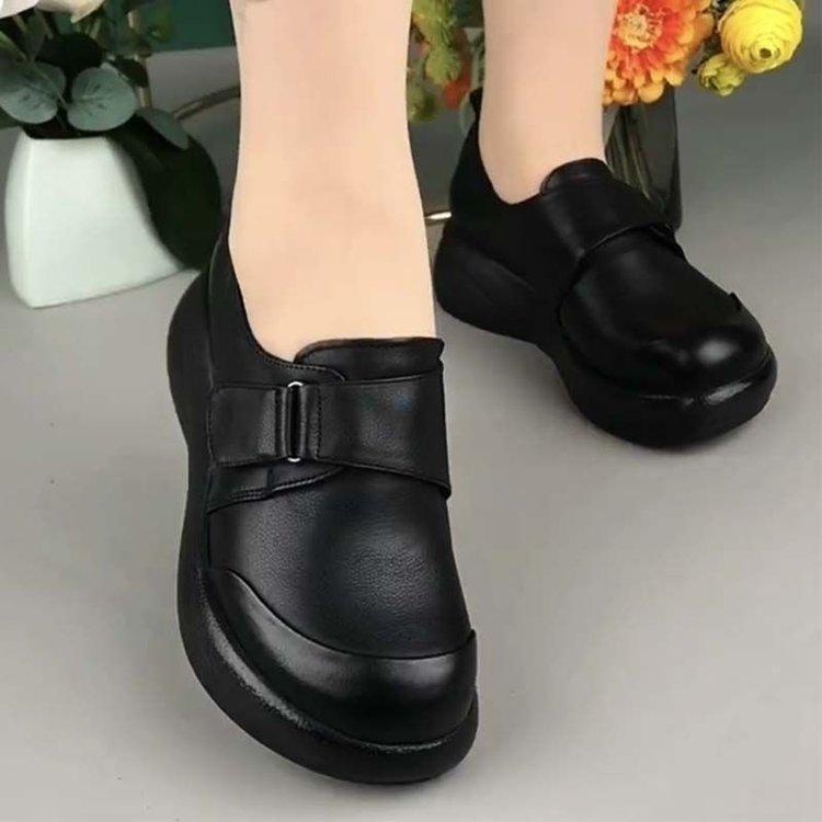 2025 Spring Women's Leather Wedge Heel Shoes - Comfortable Round Toe & Versatile Platform Sole