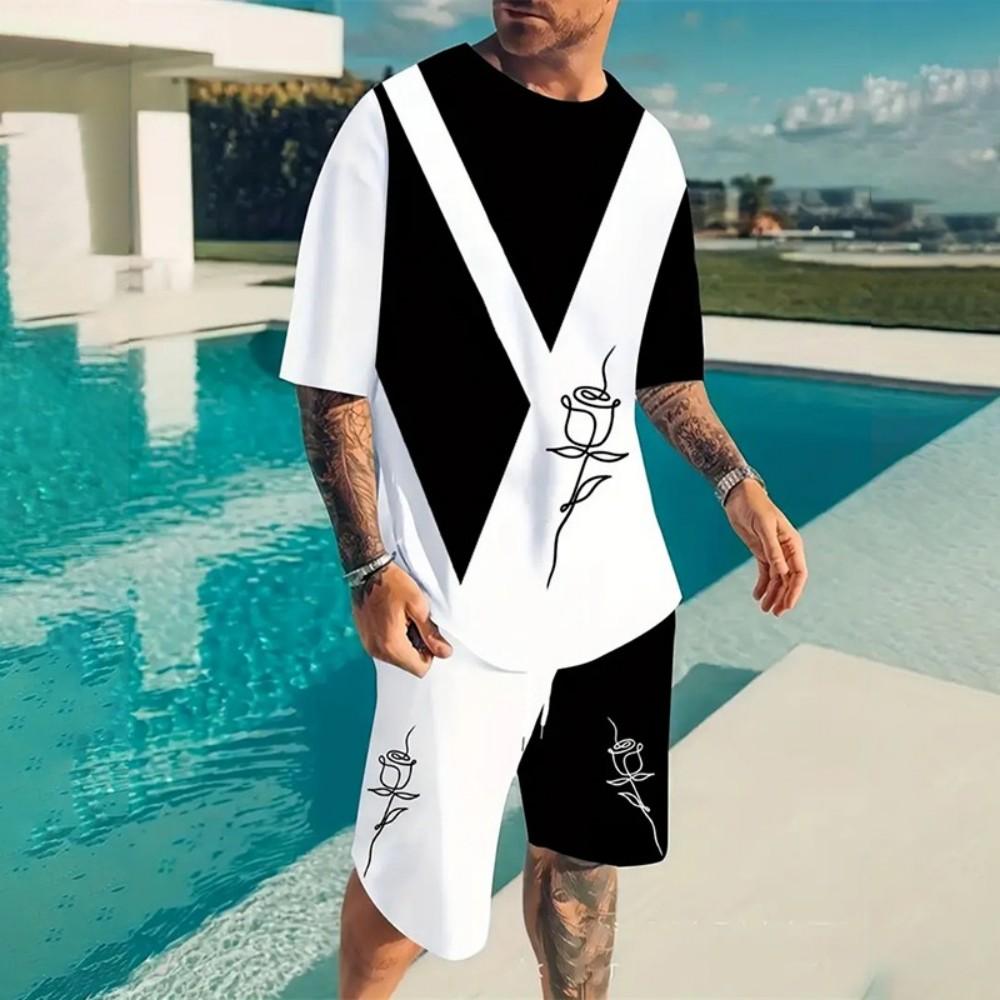 Men's New Animal Printed Breathable Round Neck T-shirt Shorts Set Outdoor Casual Two-piece Set