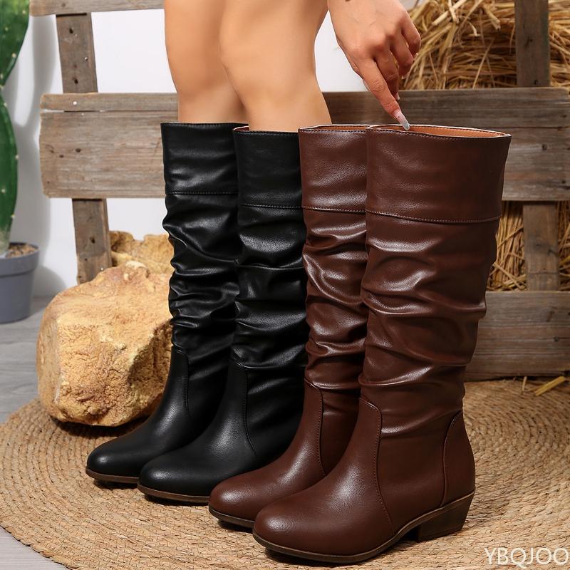 Women's Pleated High Boots Autumn New Style Thick Heel Anti Slip Wear-resistant Simple  Comfortable Retro Mid Heeled Long Boots