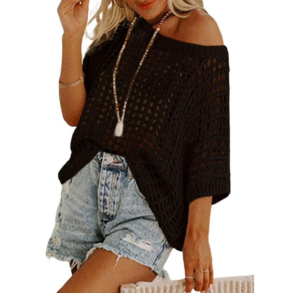 Top estivo sexy a maniche a cinque quarti con cut-out e traforato, pullover smock da spiaggia, maglione lavorato a maglia per donna