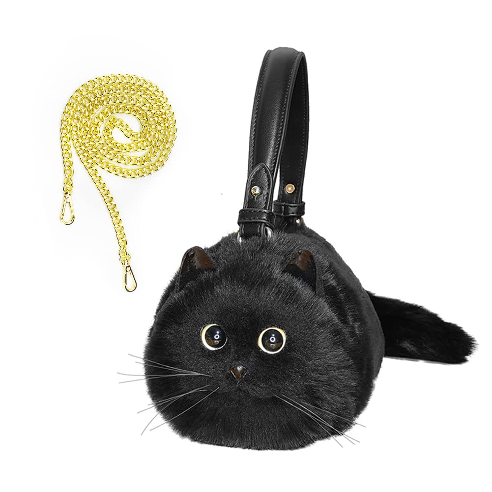 

[HUIJUFU] Women s Realistic Fluffy Plush Cat Crossbody Bag (Large Black)
