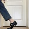 Schafleder~ Mary Jane Einzelne Schuhe Herbst und Winter Retro Kreuzriemen Quadratische Zehenpartie Bequemer dicker Absatz Hoher Absatz Schweinenase Ballerinas