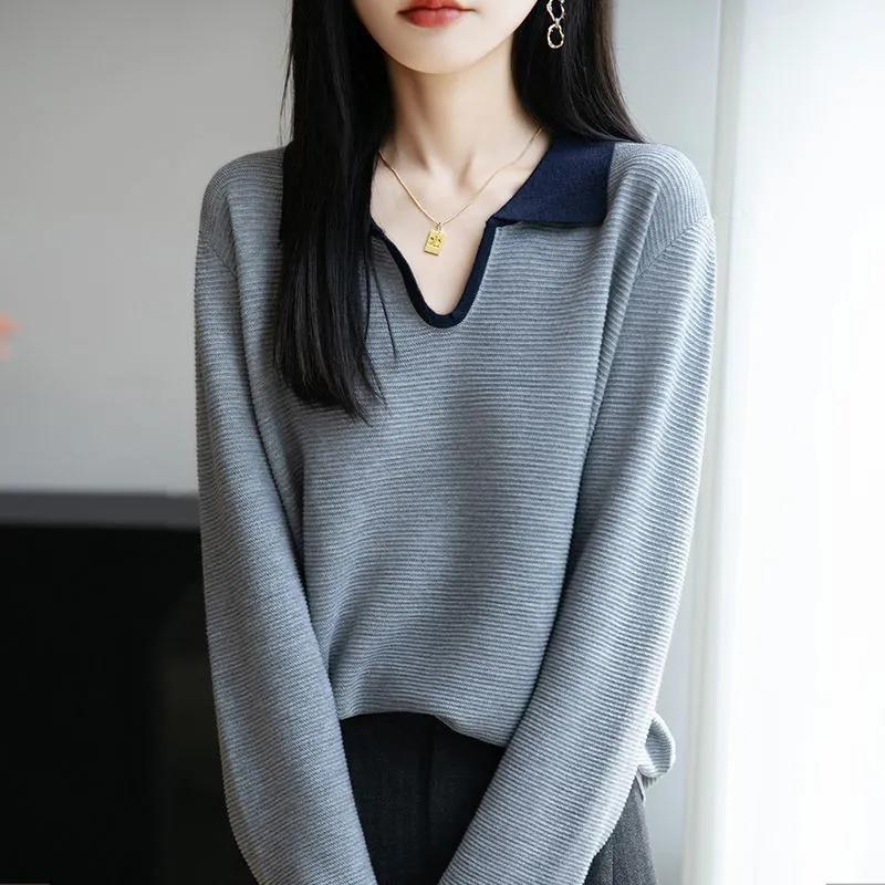 Knitwear Spring/Autumn Korean New All Match Fashion V-neck Long Sleeved Loose Shirt Temperment Top