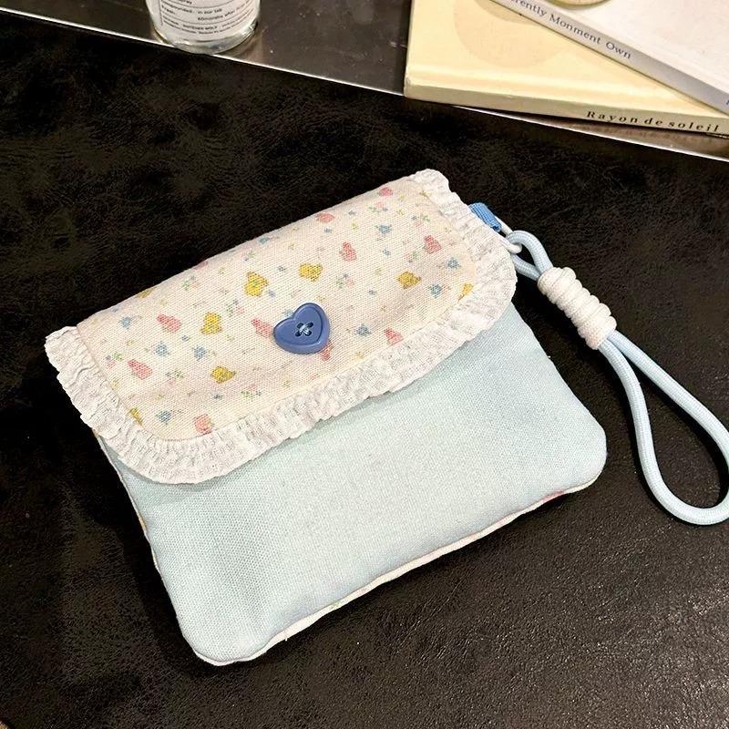 Womens Small Coin Purse Heart Button Decor Lipstick Sanitary Napkin Coin Money Bag Floral Earphones Data Cable Storage Case