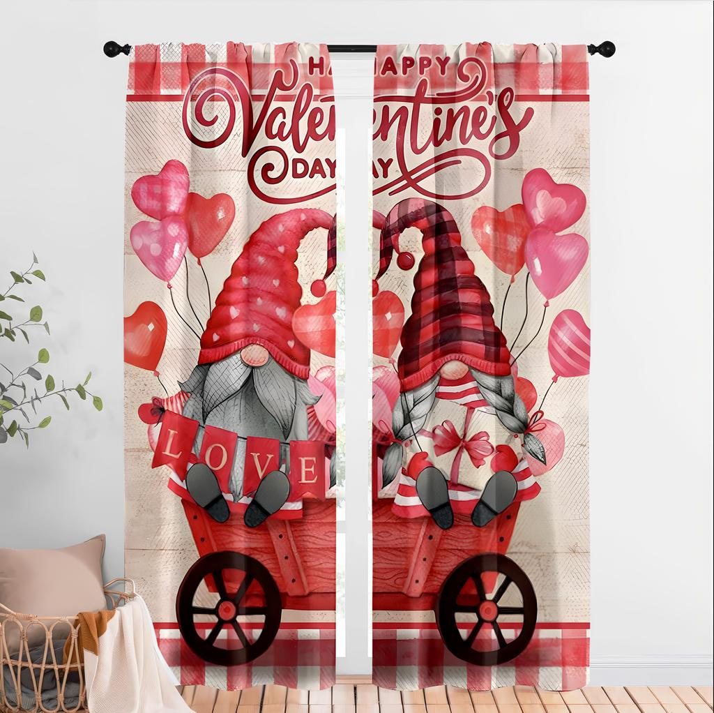 2pcs Valentine's Day Love Gnome & Heart Curtains   Perfect for Festive Window Decor   Charming Home Bedroom Living Room Decor